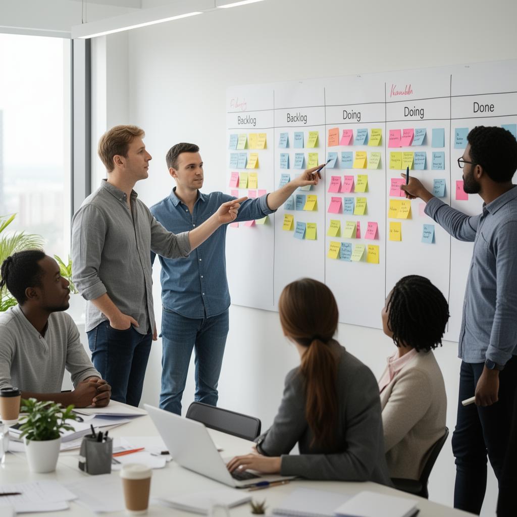 Time colaborando em frente a um quadro Kanban real